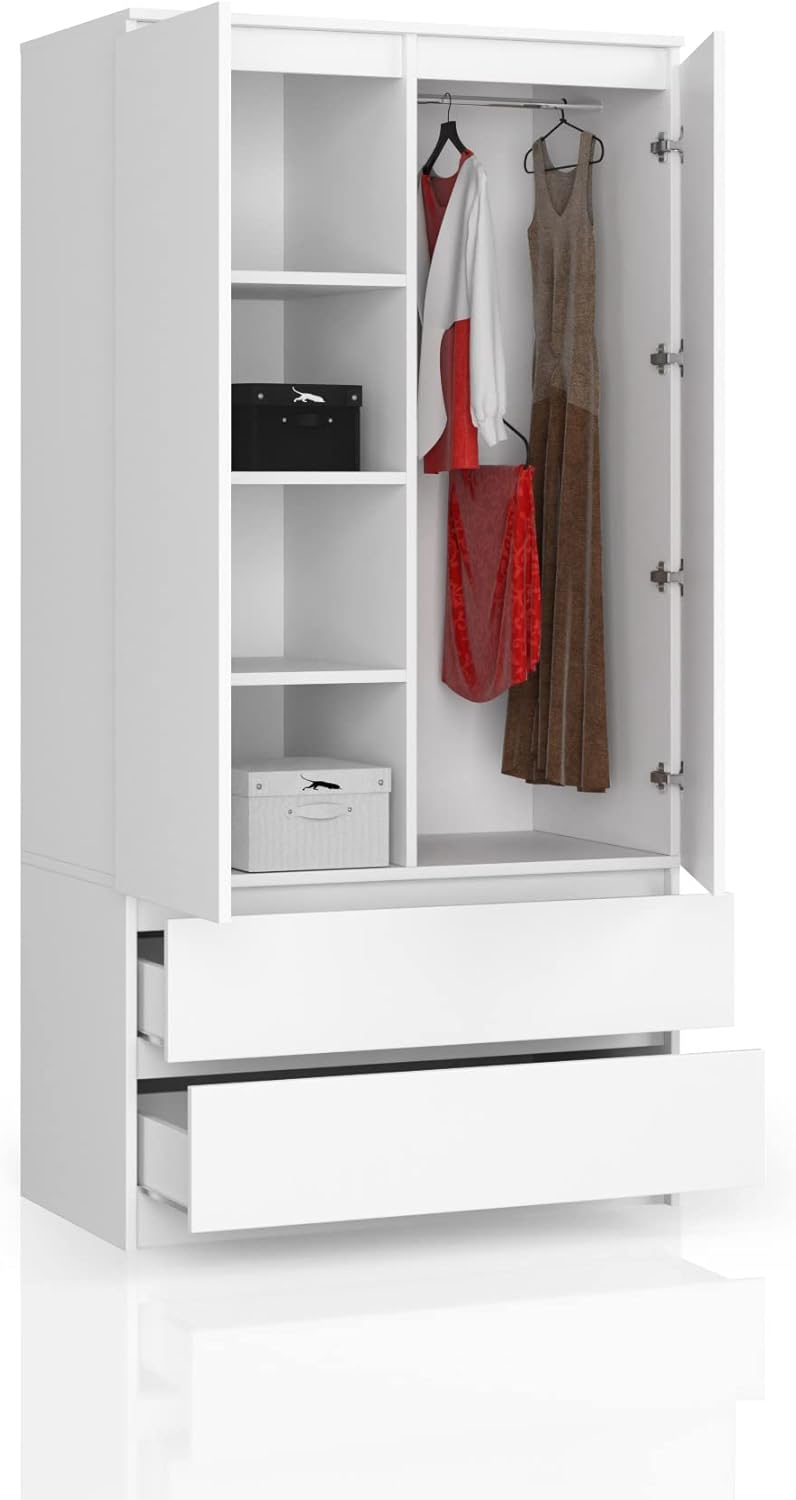 BDW Kleiderschränk 2 Türen, 4 Einlegeböden, Kleiderständer, 2 Schubladen, Mehrzweckschrank, Schubladenschrank, Garderobenschrank für Schlafzimmer, Wohnräume, 180x90x51cm, Weiß
