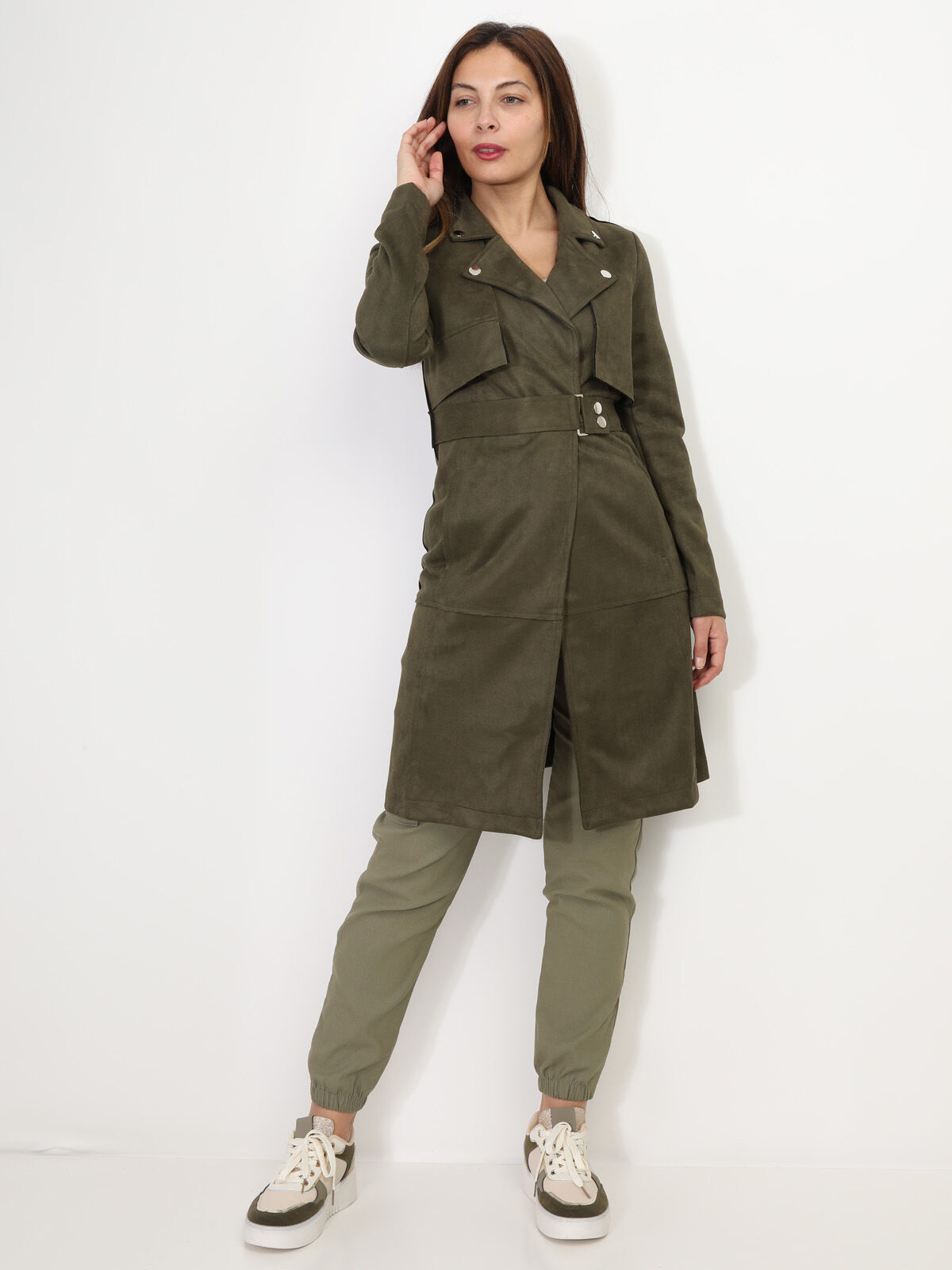 Veste longue ceinturée en suédine- Kaki