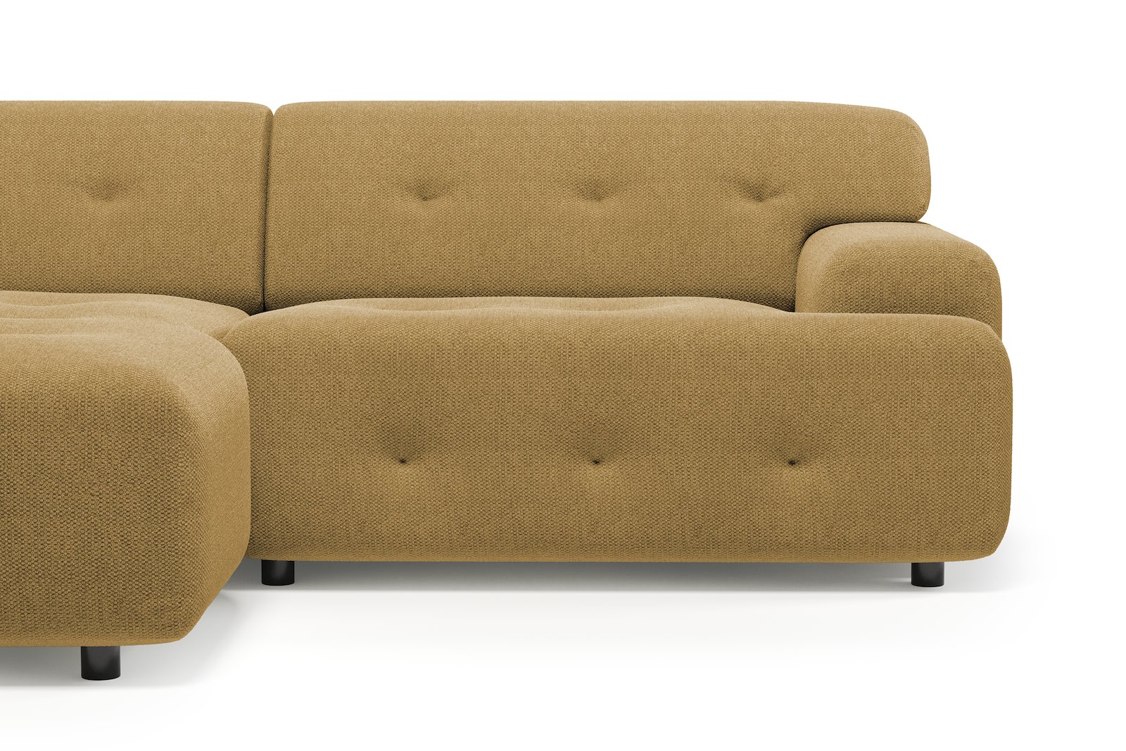 Bob sofa 1,5-seter med sjeselong venstre. Tekstil Mito 170 Mustard med sorte ben.