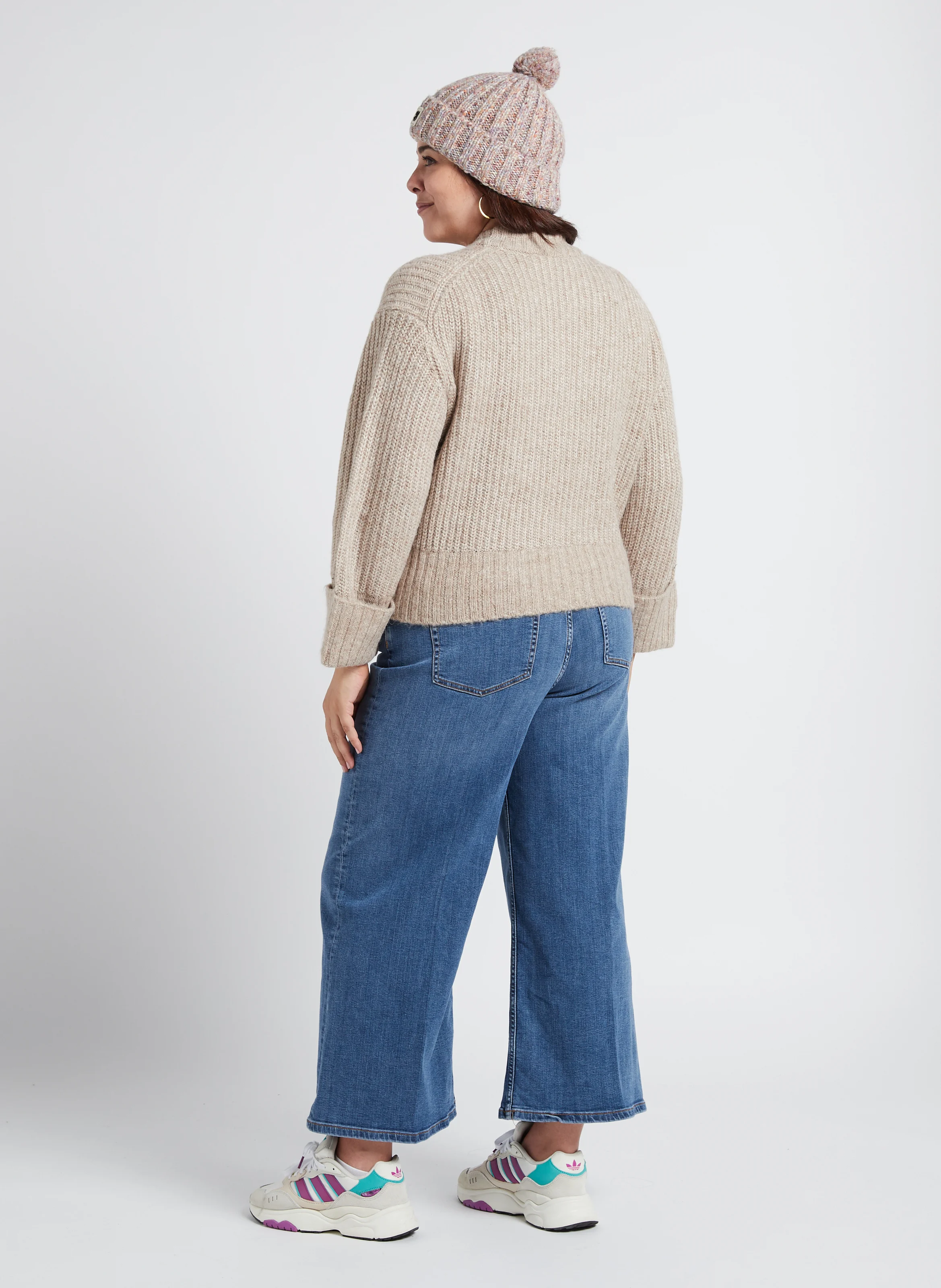 Pull ample col rond en maille mélangée | Beige