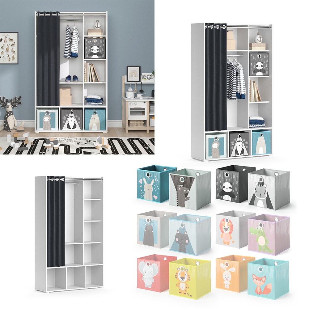 Vicco Kinderkleiderschrank Kinderzimmerschrank Kindergarderobe Luigi Weiß Faltbox 106 x 178 cm modern Schrankregal Jugendzimmerschrank Organizer Vorhang Kleiderstange Fächer Aufbewahrung Spielzeugablage