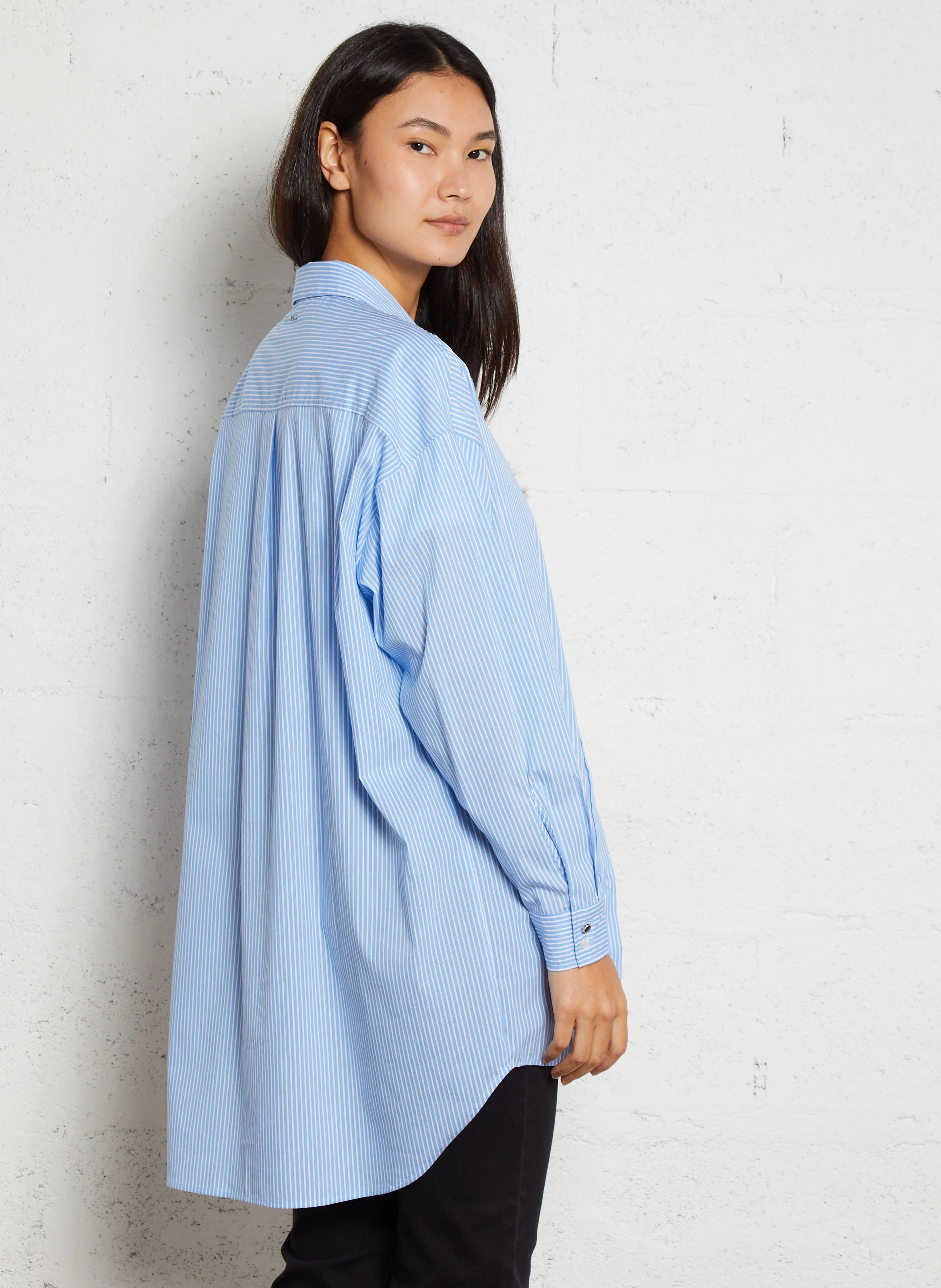 Chemise oversize rayée en coton mélangé | Bleu