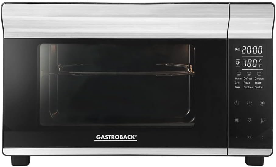 GASTROBACK Design Mini-Backofen Bake & Grill - Minibackofen mit Umluft, 26 L, 5 Funktionen bei 30°C - 230°C, Cool Touch Gehäuse - 30 cm Ø Pizzastein, Backblech, Grillrost und Grillspieß