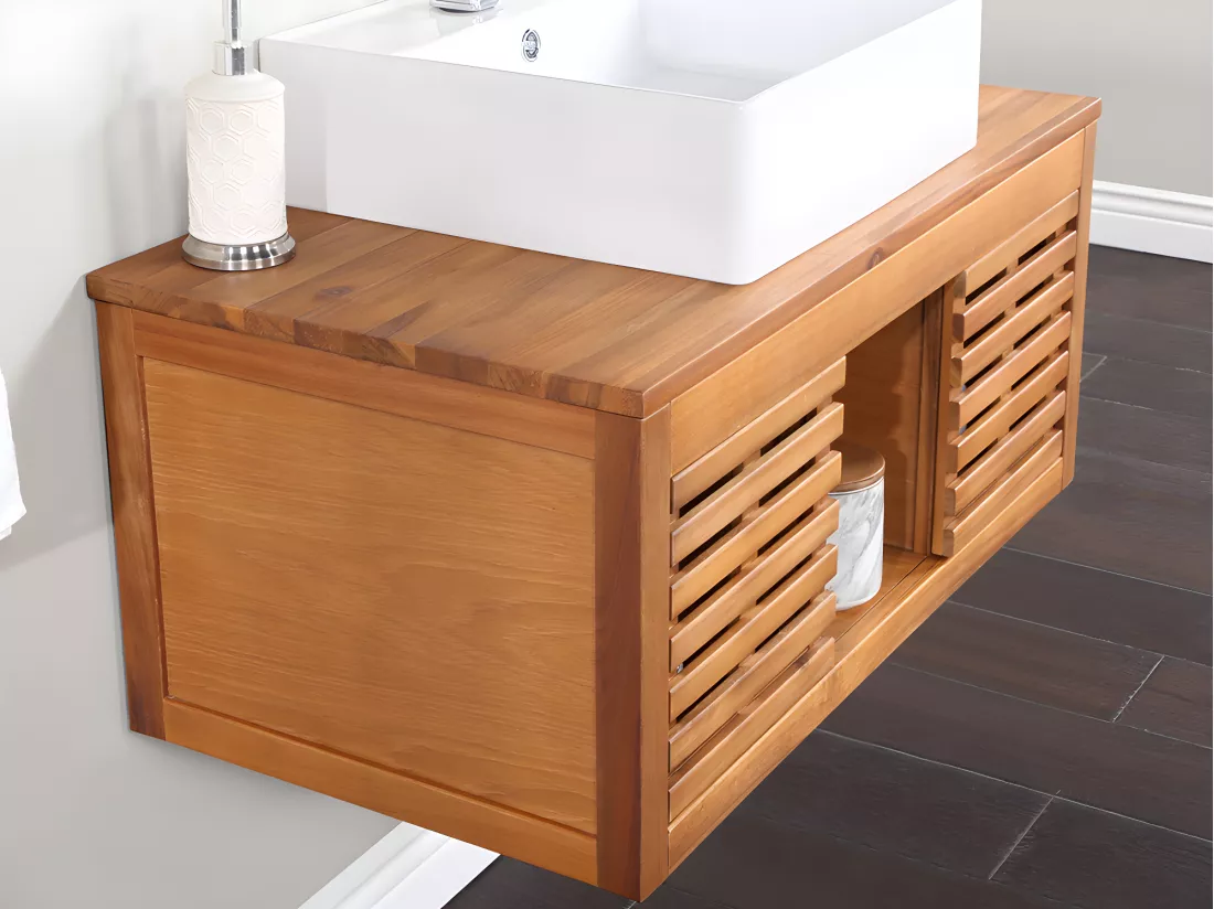 Meuble de salle de bain suspendu en bois d'acacia avec simple vasque - 90 cm - PENEBEL