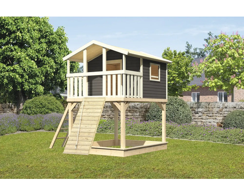 Speeltoren/speelhuis Karibu Benjamin, 198 x 244 cm, hout, grijs, bestaande uit een houten helling