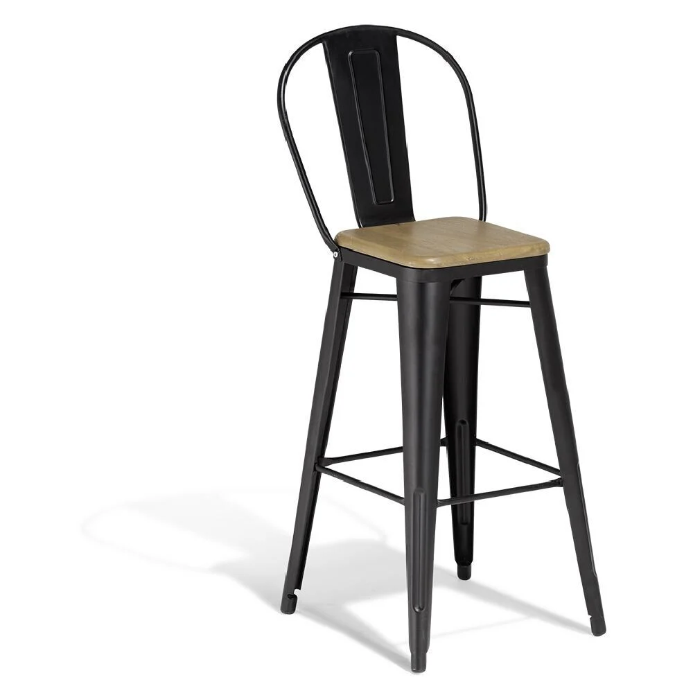 Chaise haute Fabrik métal noir et acacia 43x47xH.110 cm