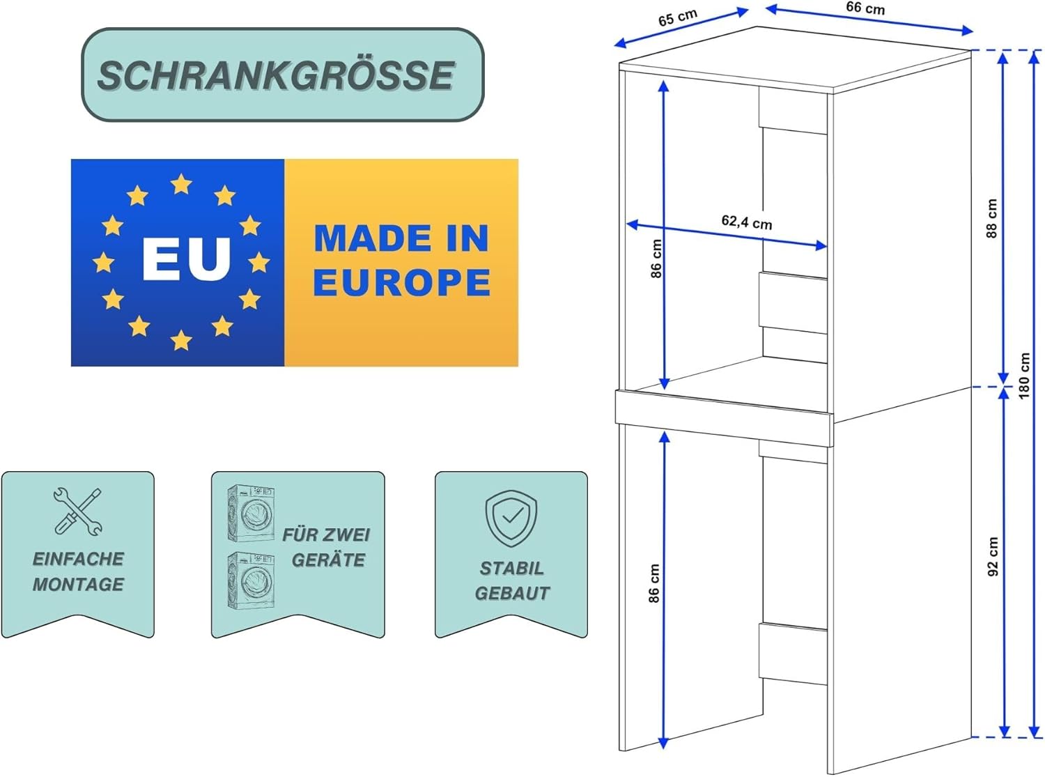 Waschturm - Waschmaschinenschrank für Waschmaschine & Wäschetrockner | Schrank Waschmaschine für Waschküche - Möbel Größe 66x180x65 cm Braun