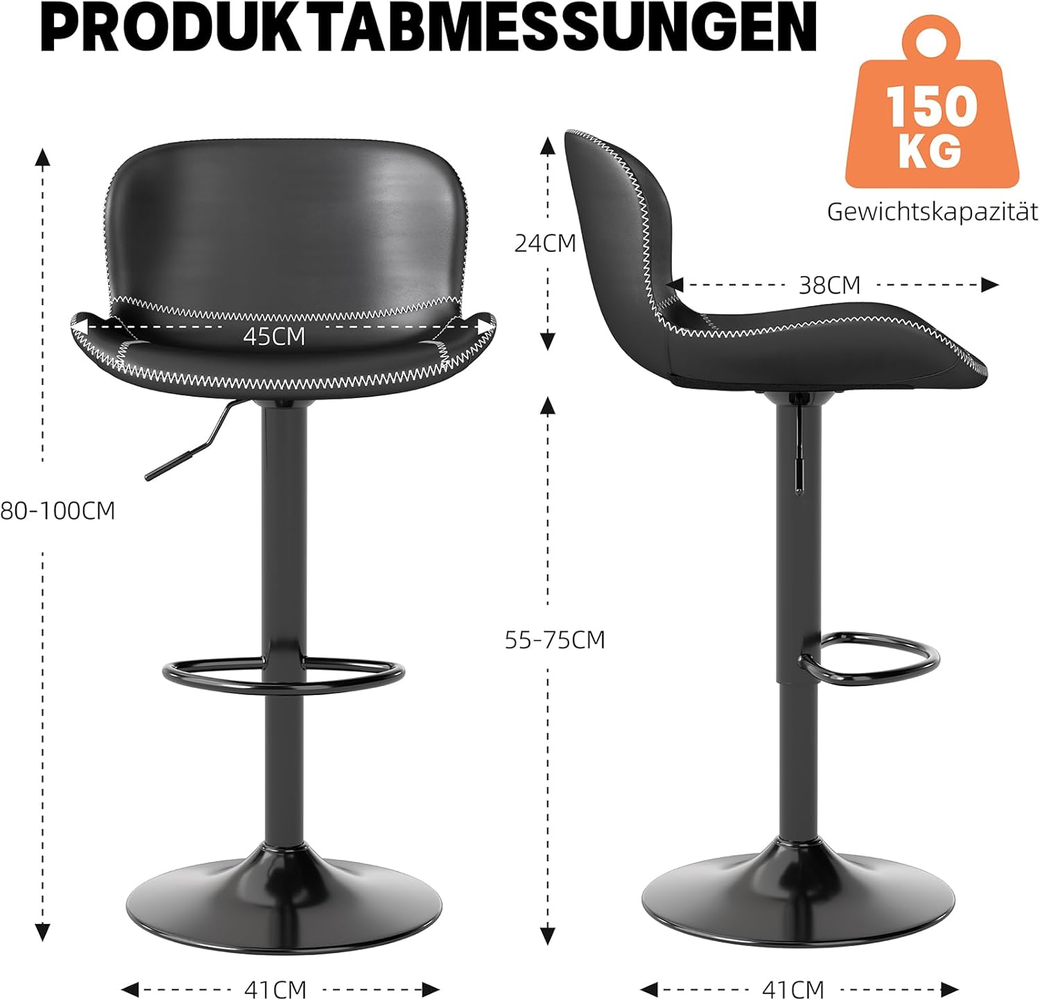 Youhauchair Barhocker 2er Set, Barhocker Höhenverstellbar aus Kunstleder, wasserdicht und verschleißfest, Barhocker mit Lehne, Drehbarer bar Stool, modern, Schwarz