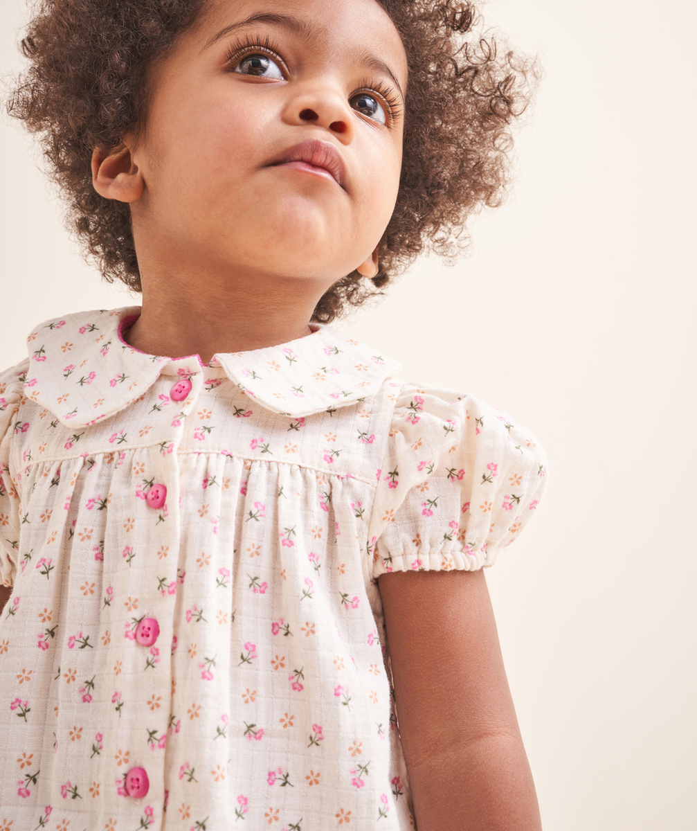chemise manches courtes bébé fille écru imprimé à fleurs et détails roses