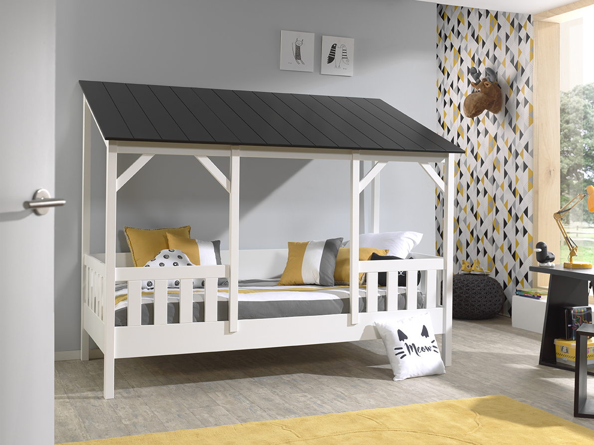 Hausbett - weiß-schwarz - teilmassiv - mit Dach - 90x200 cm