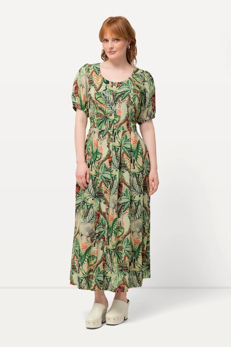 Kleid, Blätter, Leinenmix, Rundhals, Halbarm