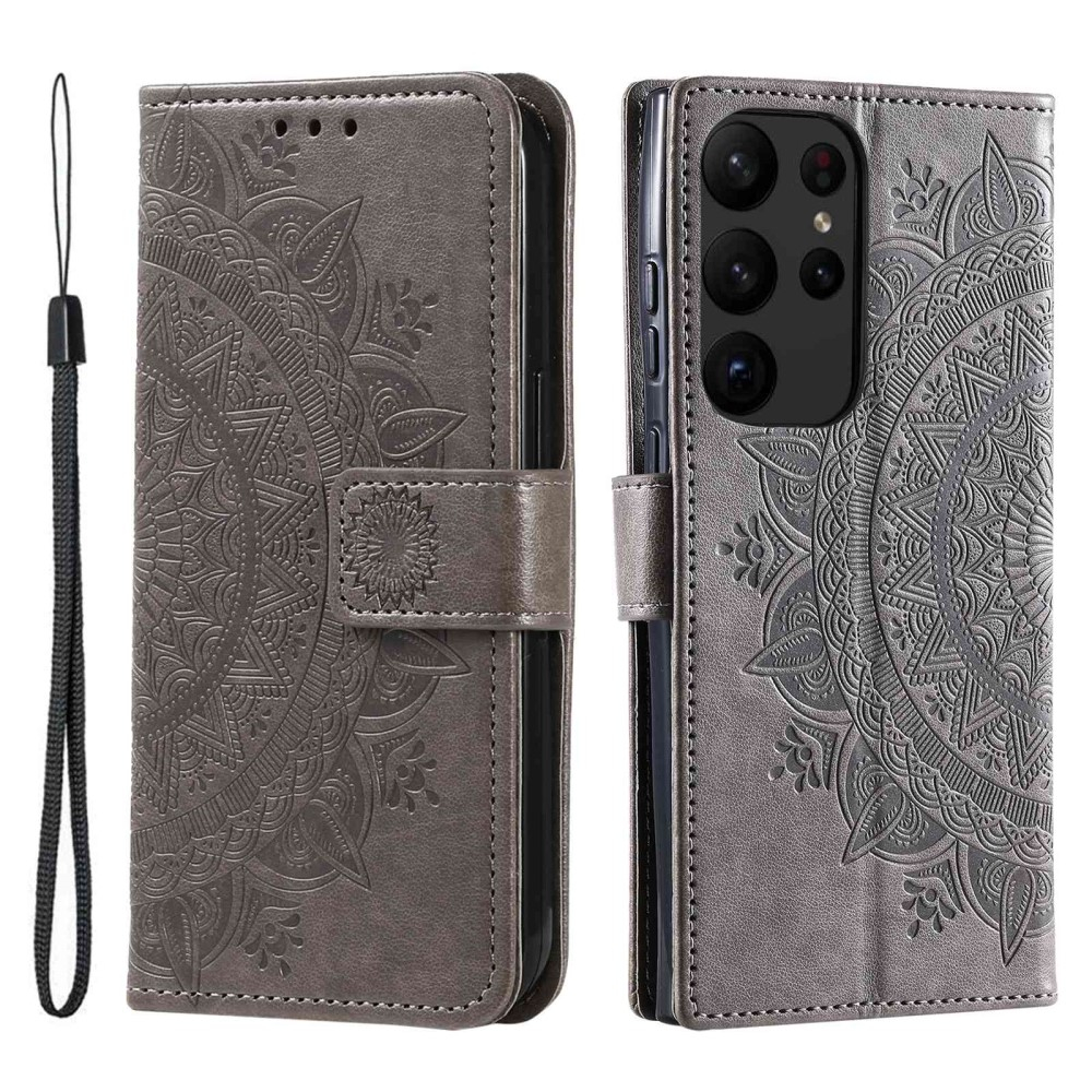 Samsung Galaxy S23 Ultra 5G Leder Tasche Wallet - Mandala Flowers Imprint - Grau