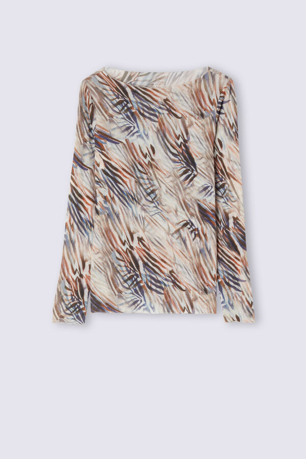 Camiseta ultraleve de manga comprida com estampa e decote canoa em cashmere.