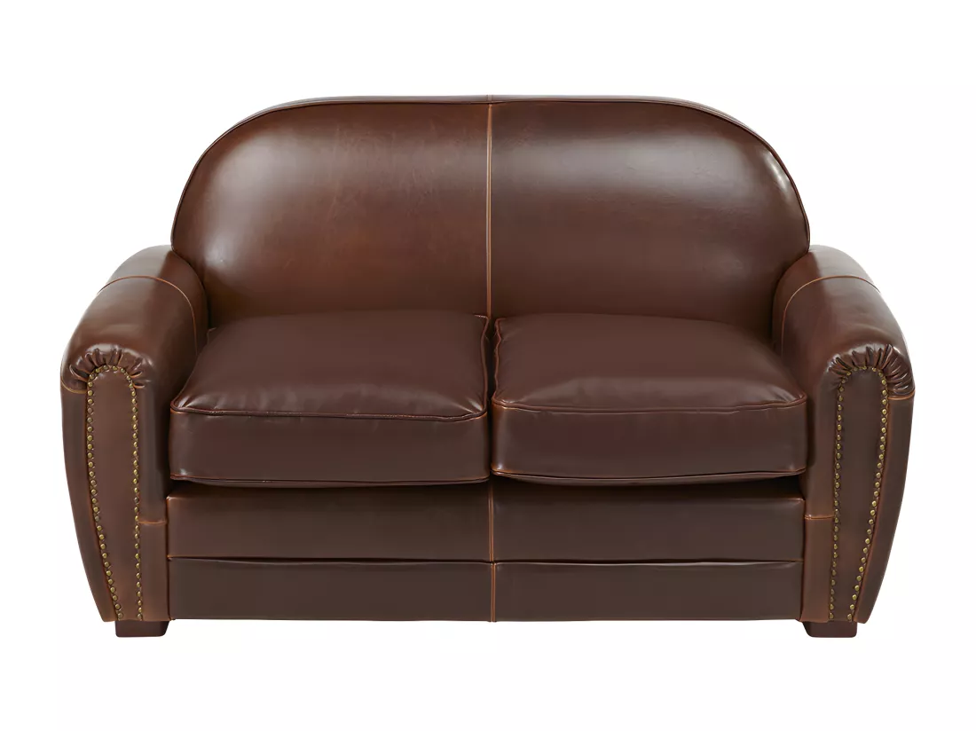 Canapé et fauteuil club BAUDOIN 100% cuir vieilli - Marron