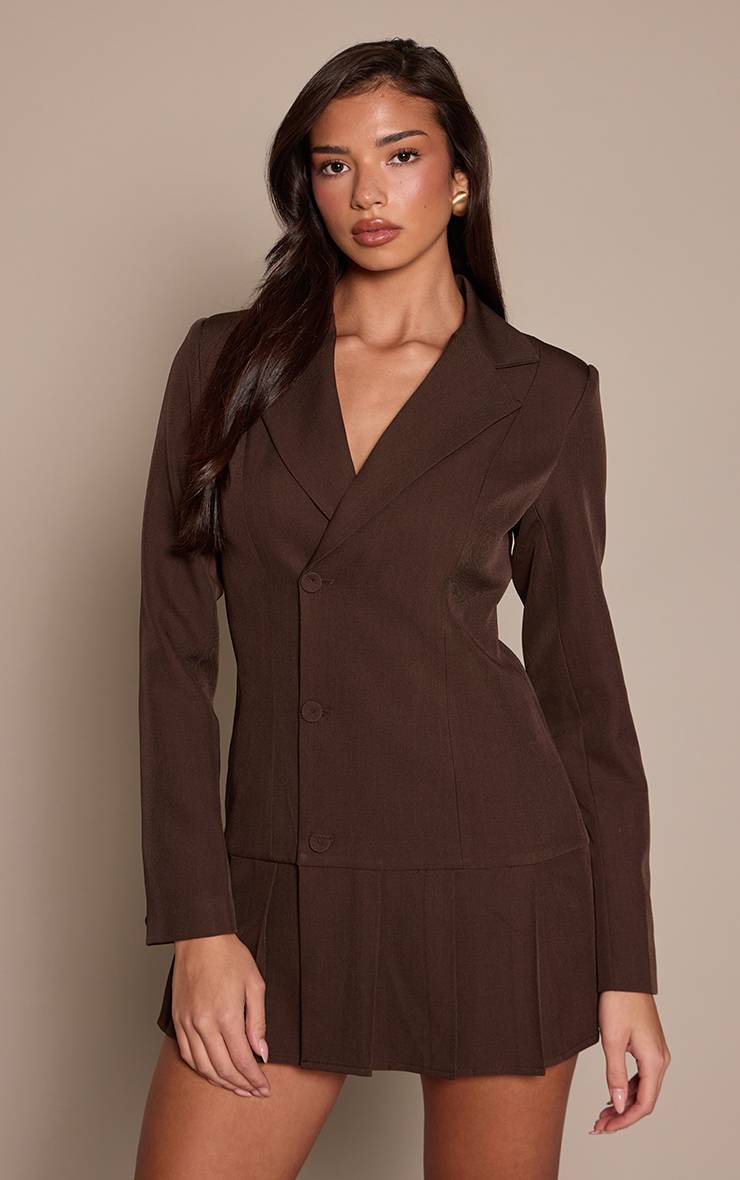 Chocolat Robe Blazer Tissée À Ourlet Plissé