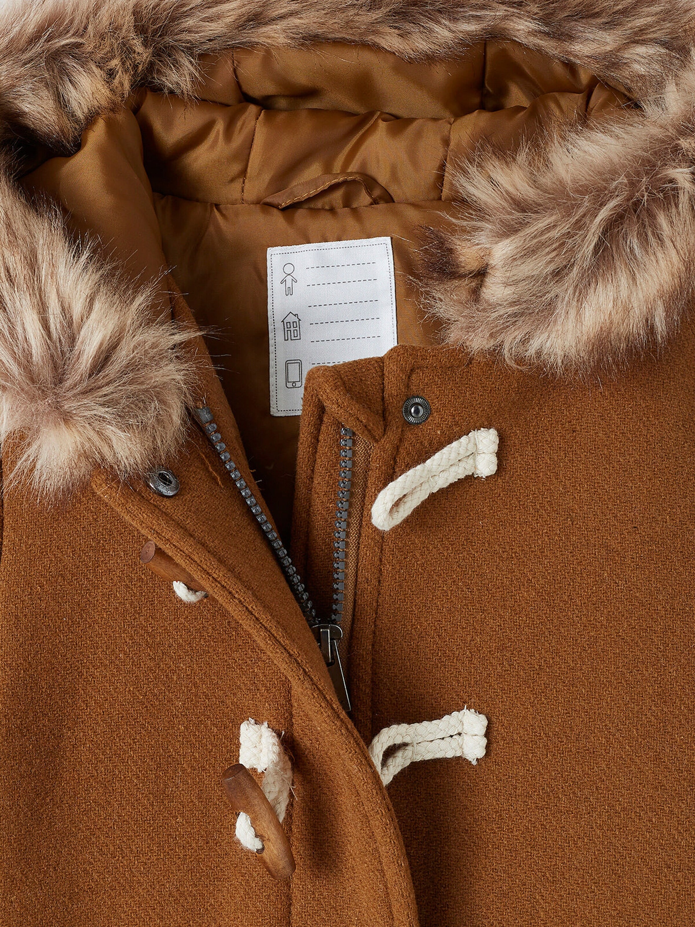 Vertbaudet Mädchen Dufflecoat mit Kapuze & Knebelknöpfen camel