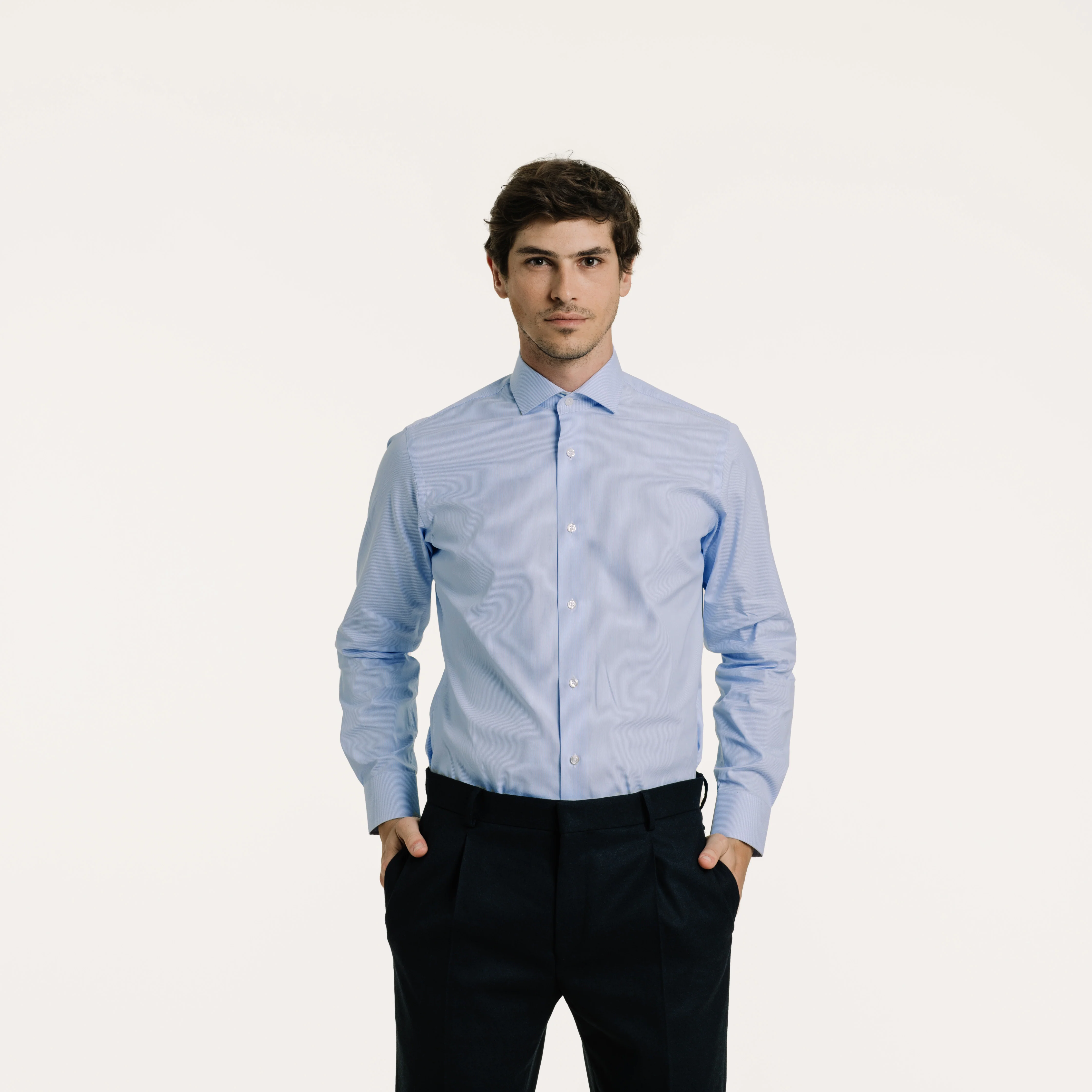 Double-twisted oxford shirt with fine blue stripes