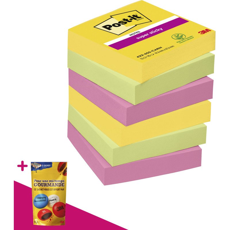 Notes repositionnables couleurs Carnival Super Sticky Post-it - bloc de 90 feuilles = Pour l'achat 12 notes repositionnables, 1 sachet de M&M OFFERT
