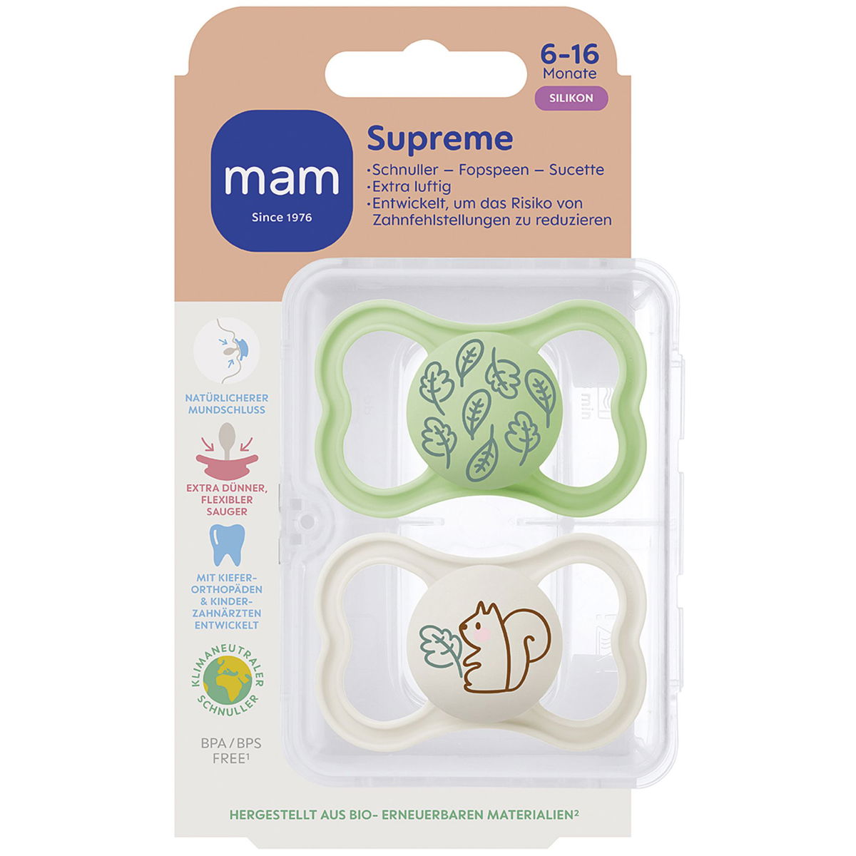 MAMMAM   Beruhigungssauger Supreme Silikon Blätter/Eichhorn 6-16M