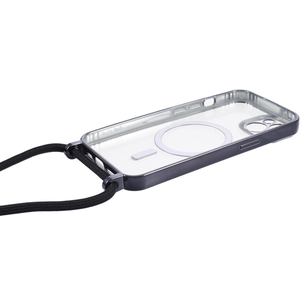 iPhone 15 MagSafe Necklace Gummi Case Hülle Galvanisierter Rahmen mit Handykette (160cm)   Kameraschutz - Schwarz / Transparent