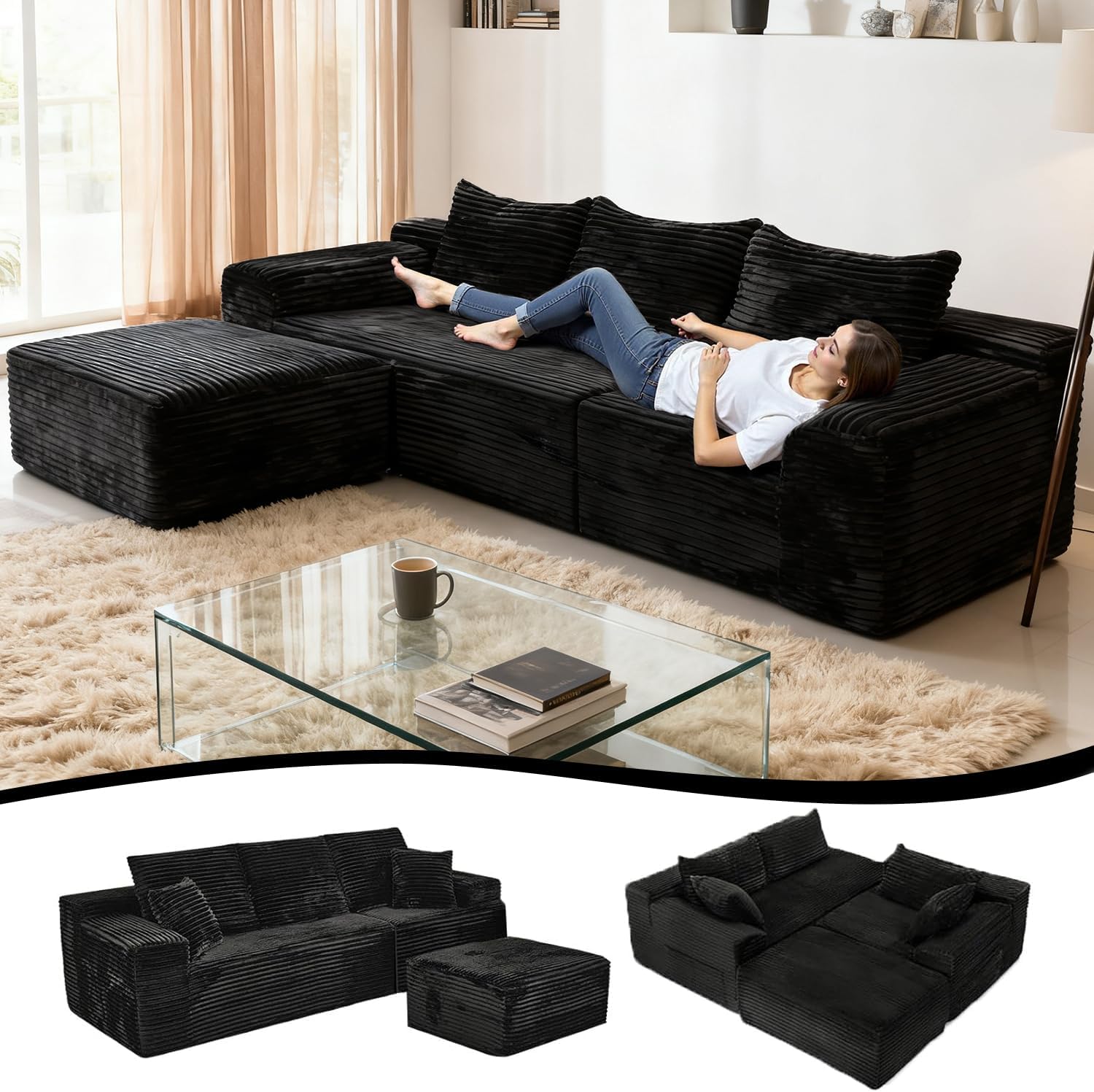 267cm Ecksofa mit Schlaffunktion, L-Form Schlafsofa 3-Sitzer mit Ottomane Links oder Rechts, Relaxsofa für Wohnzimmer, freistehend, Keine Montage