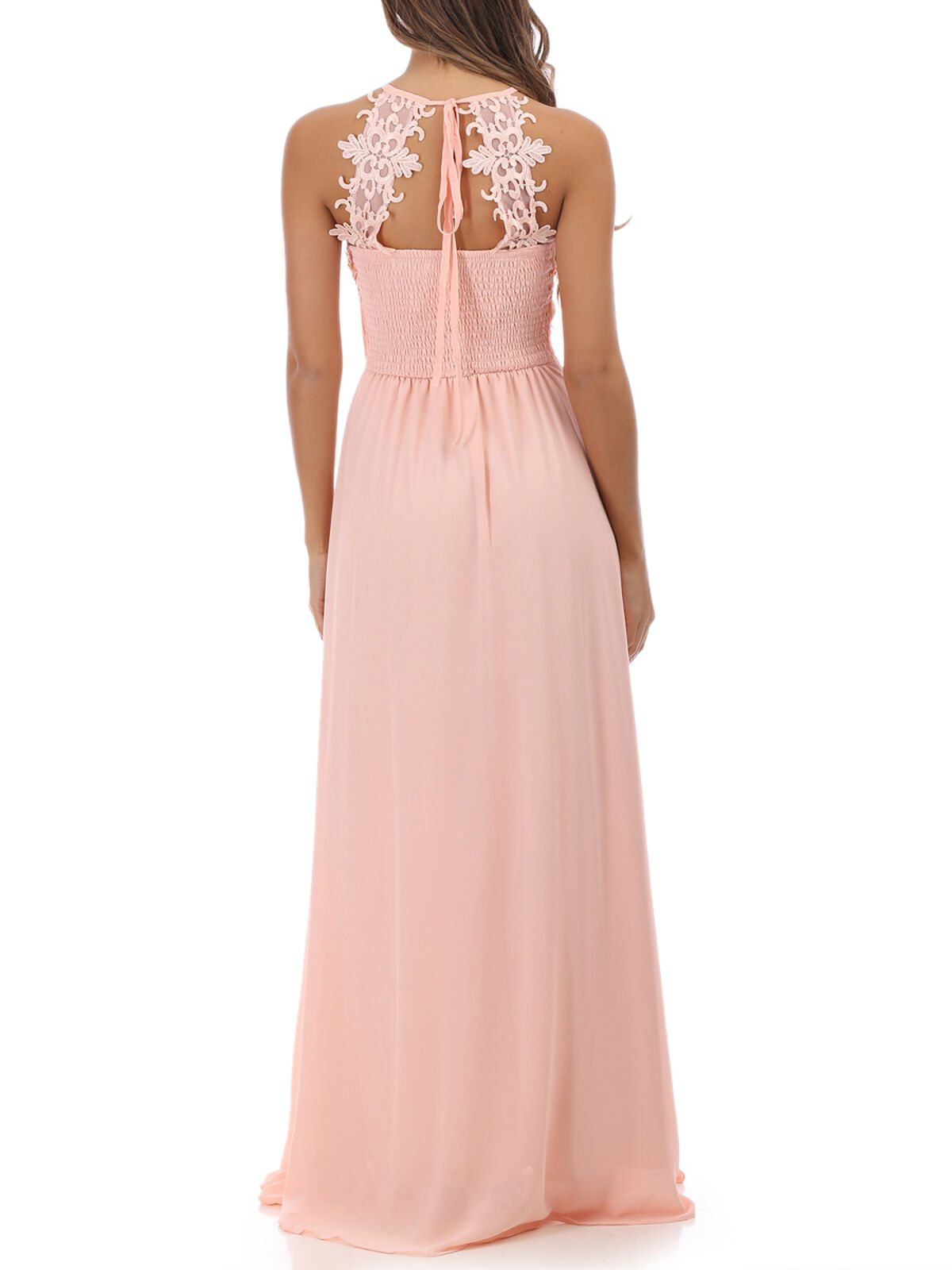 Robe longue fendue avec dentelle- Rose
