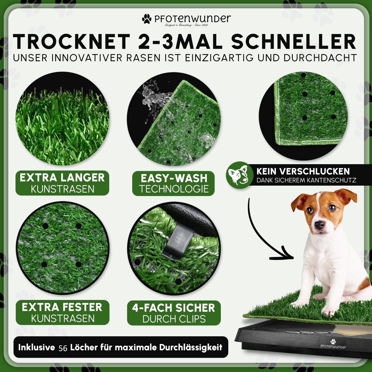 PfotenWunder® Hundeklo XXL 76*51cm, 2 Easy-Wash-Rasen + 1 Büchlein, Hundetoilette für kleine & große Hunde, festes Gras, Welpentoilette drinnen Welpenklo zuhause Gras Hundetoiletten Balkon Indoor WC Klo