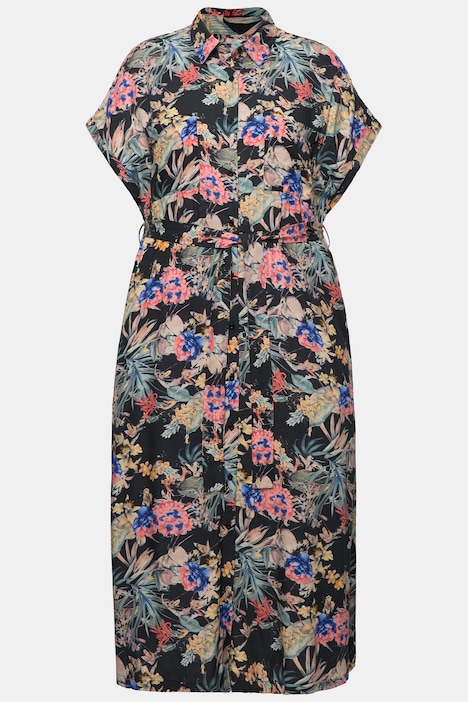 Maxikleid, oversized, Tropical-Print, Hemdkragen, Halbarm