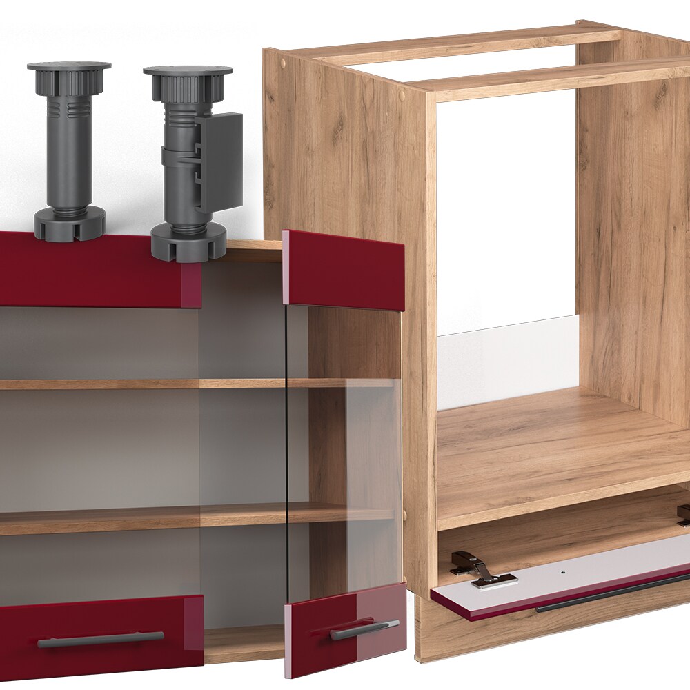Vicco Eckküche Küchenzeile Einbauküche Fame-Line Eiche Bordeaux Rot 190 cm modern Schubunterschrank Spülenunterschrank Eckunterschrank Herdumbauschrank Hängeglasschrank Hängeschrank Hochglanz