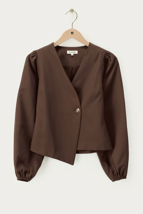 Bruine top met overlap en lange pofmouwen