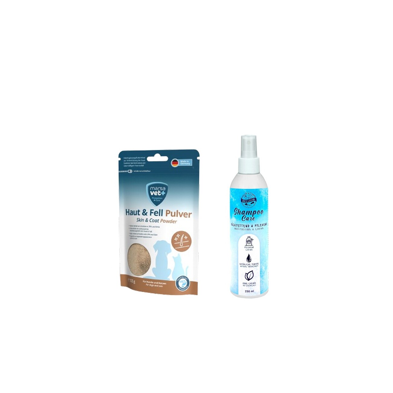 Bellfor Sparset gegen Schuppen beim Hund mit Shiimun Skin 50g und Hundeshampoo Care 250ml
