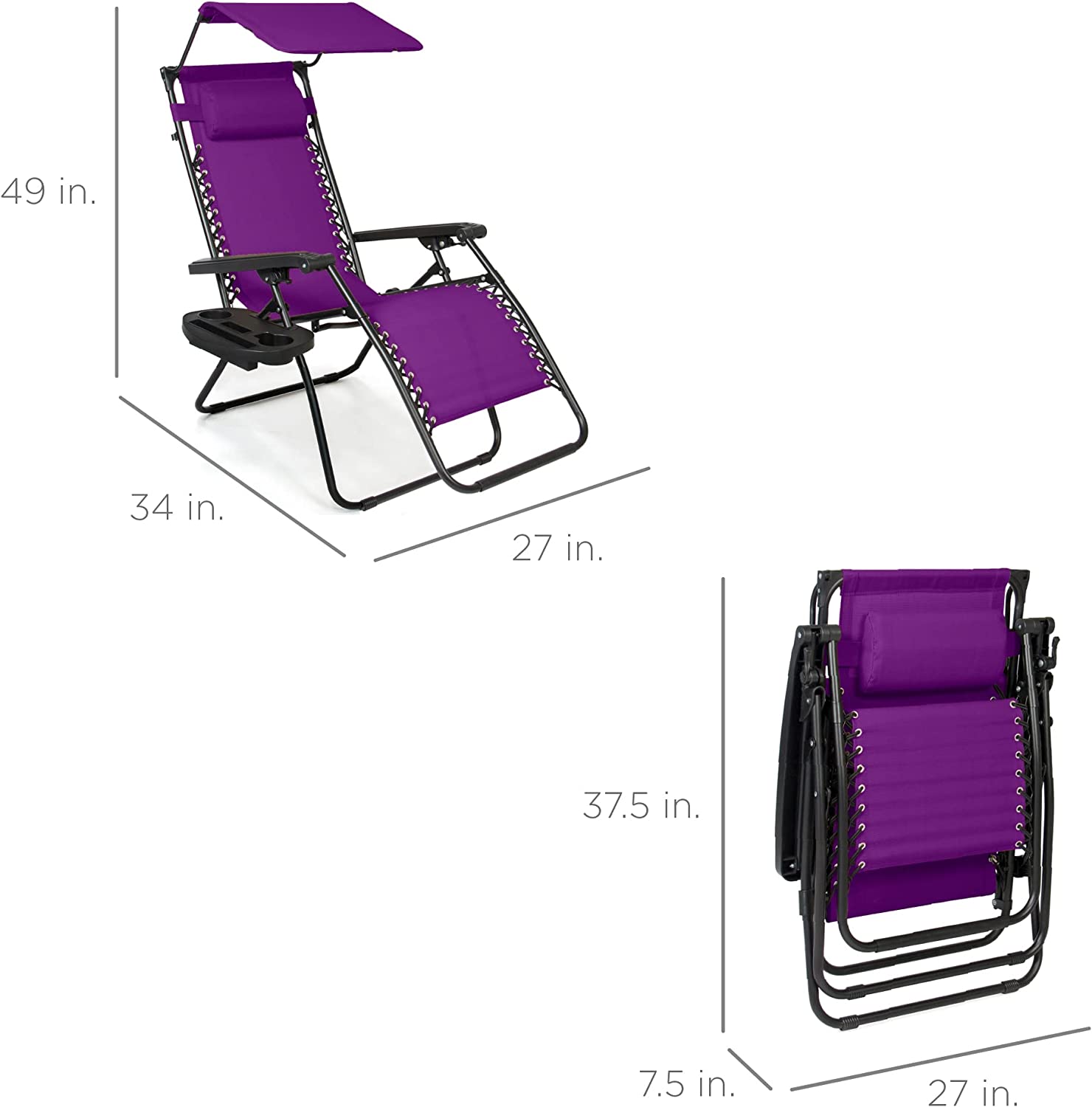 Folding Zero Gravity Outdoor Recliner Patio Lounge Chair w/Adjustable Canopy Shade, Headrest, Side Accessory Tray, Textilene Mesh - Beige