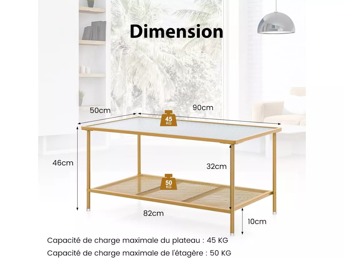 Table Basse Rectangulaire, Table Basse Verre avec Étagère en Maille, Cadre en Métal Doré, Design Moderne, Table Salon, Assemblage Facile, 90 x 50 x 46 cm