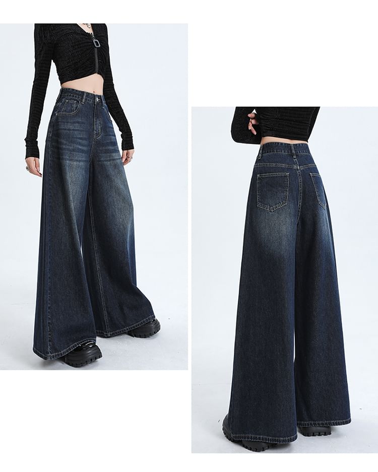 Maisee - High Waist Washed Wide Leg Jeans