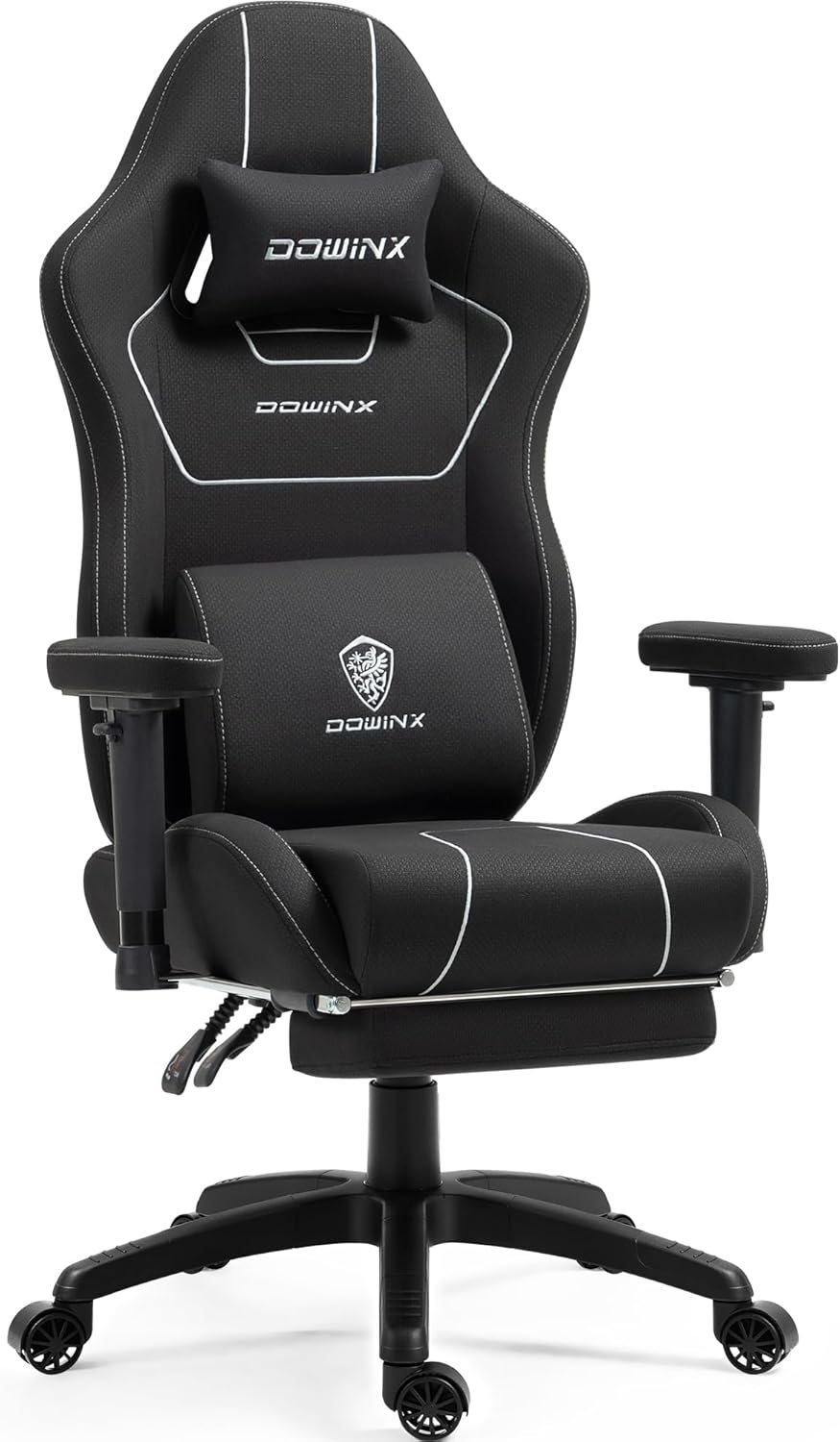 Dowinx Gaming Stuhl Stoff, ergonomischer Gamer Stuhl mit weich gepolsterten Komfort-Armlehnen, Stabiler Gaming Chair und Bürostuhl für langes Sitzen, Schwarz