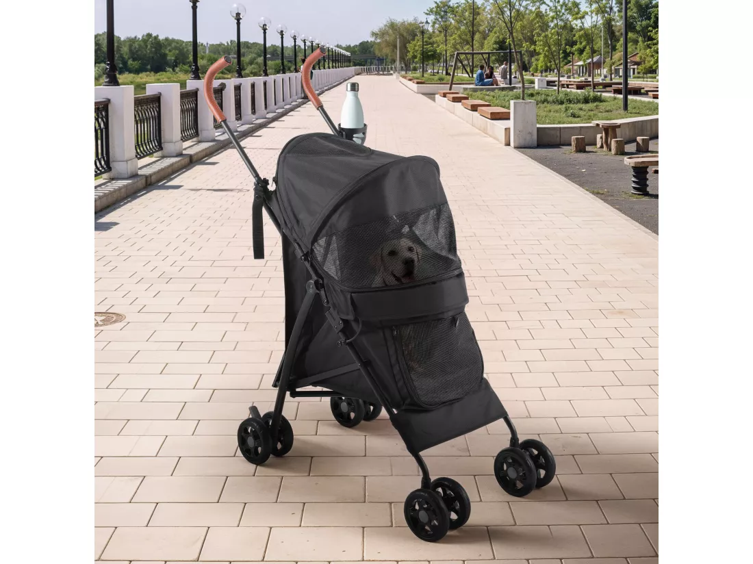 YITAHOME Poussette pour Chiens de Petite et Moyenne Taille - à 4 Roues avec Bretelles - Pliable - Porte-Gobelet - Noir