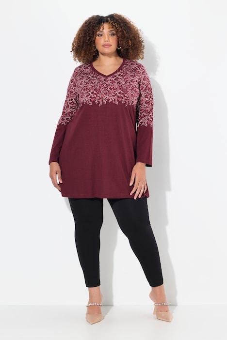 Longshirt, A-Linie, bedruckte Büste, V-Ausschnitt, Langarm