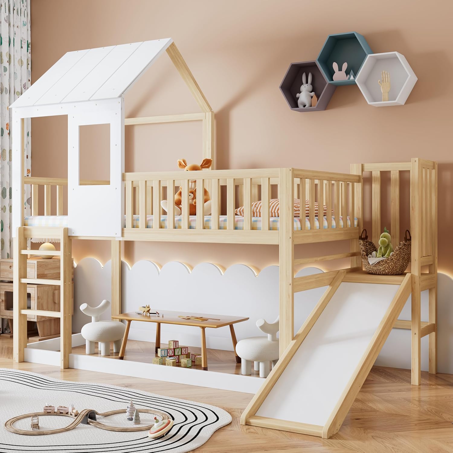 Moimhear Etagenbett mit rechtwinkliger Leiter und Rutsche, Hausbett mit Dach und Fenster, Kinderbett mit Fallschutz und Gitter, Rahmen aus Kiefer, Natur+Weiß (90x200cm)