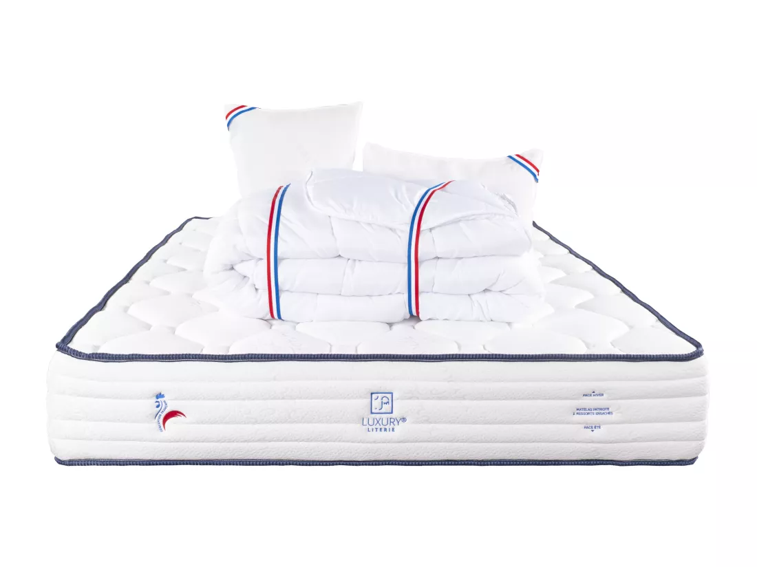 Matelas 140x190 cm, Patriote, 27cm, Ressorts Ensachés, Soutien ferme+2 Oreillers+Couette