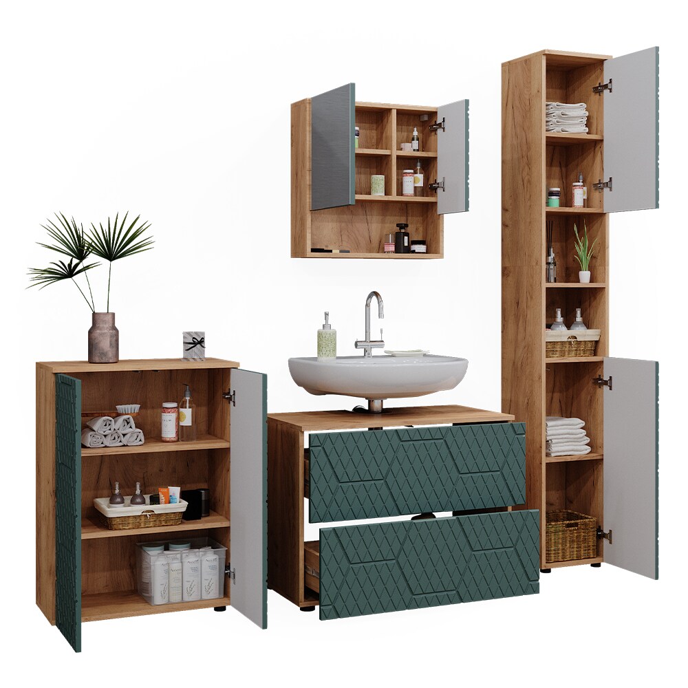Vicco Badmöbel-Set Irma Eiche Grün 4-teilig Hochschrank Kommode