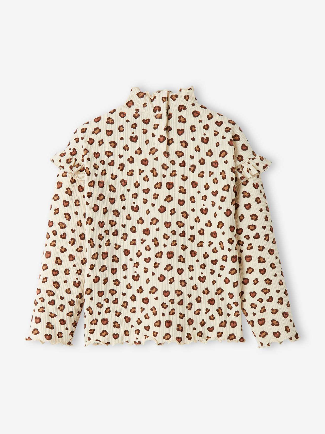 Camiseta de gola alta em malha canelada com mangas franzidas, estampa bege claro, para meninas.