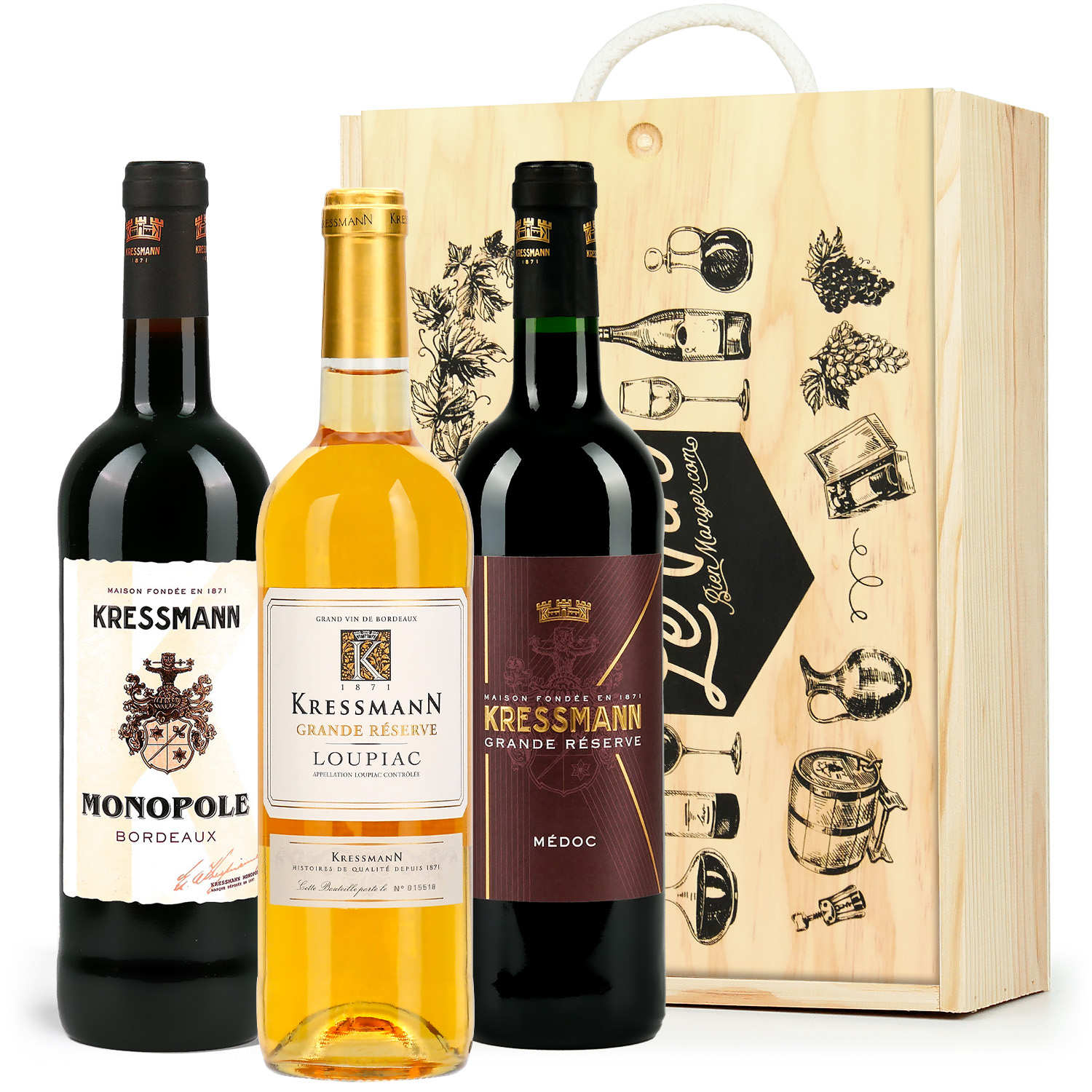 Coffret bois 3 vins de Bordeaux (2 rouges, 1 moelleux)