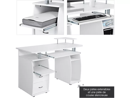 Bureau Informatique Table de Bureau en MDF pour Ordinateur Multi-Rangements avec Tablette Imprimante, Tablette à Clavier Coulissante, 2 Tiroirs 120x55x85cm Blanc