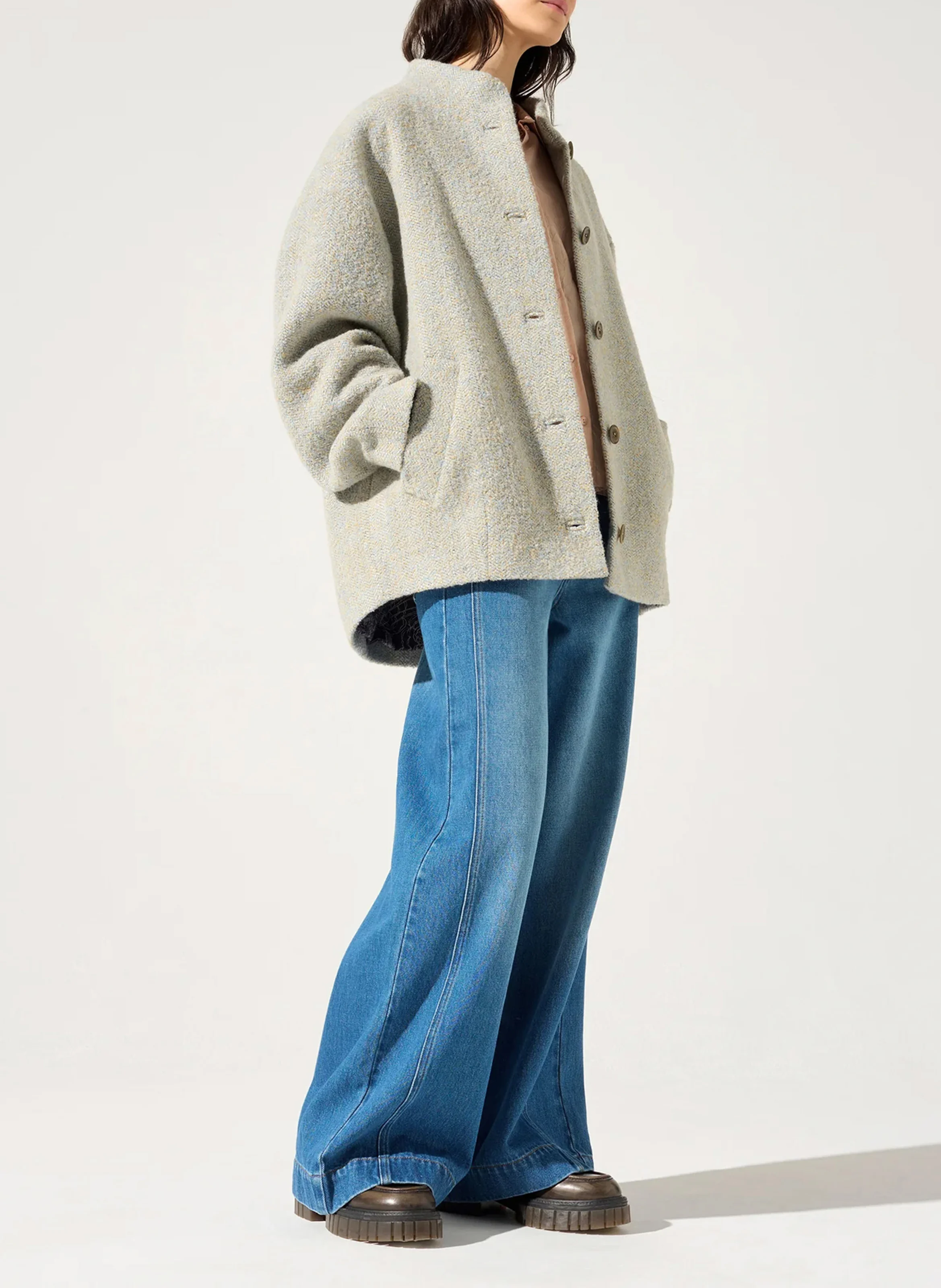 Manteau court à carreaux en laine mélangé | Bleu