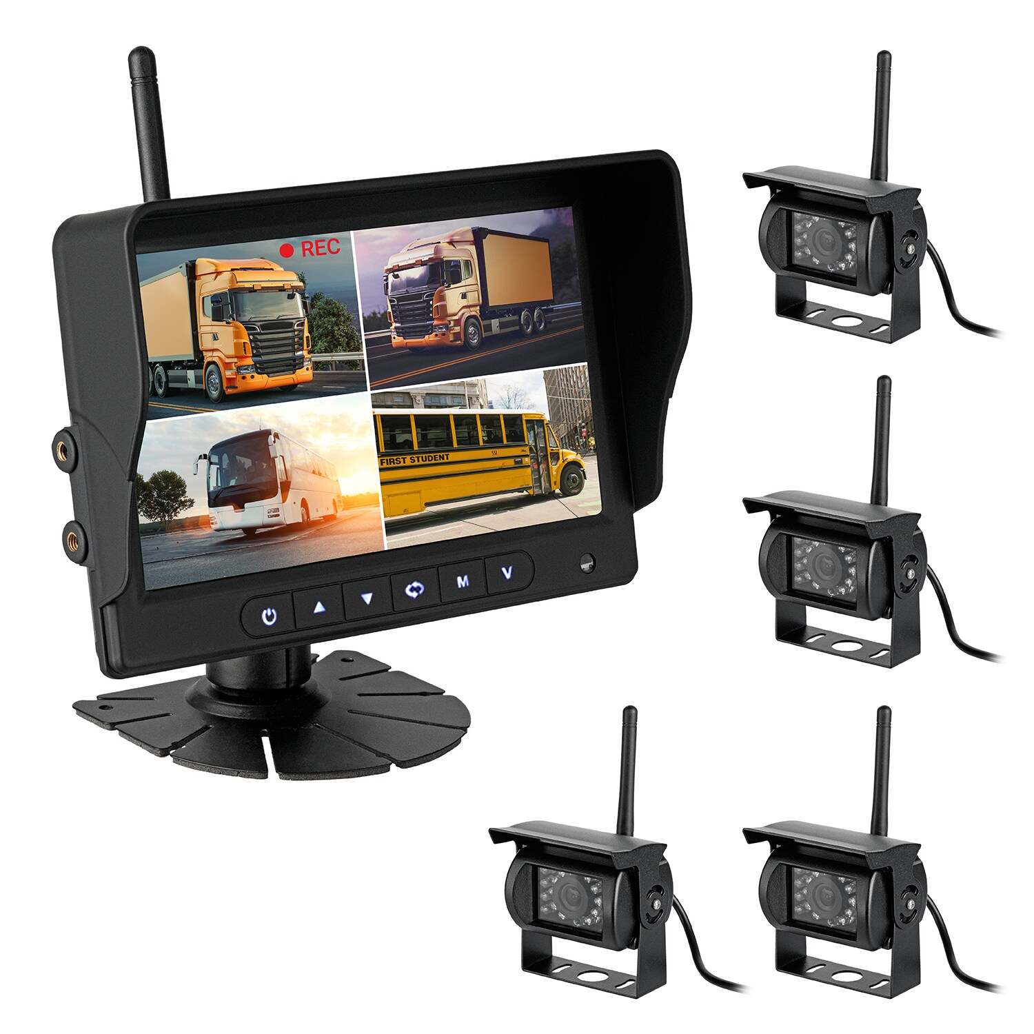 CARMATRIX AHD QUAD DVR 4 Kanal Funk Rückfahrsystem Digital Auto Wohnmobil Monitor mit Mikrofon (4 Kameras)