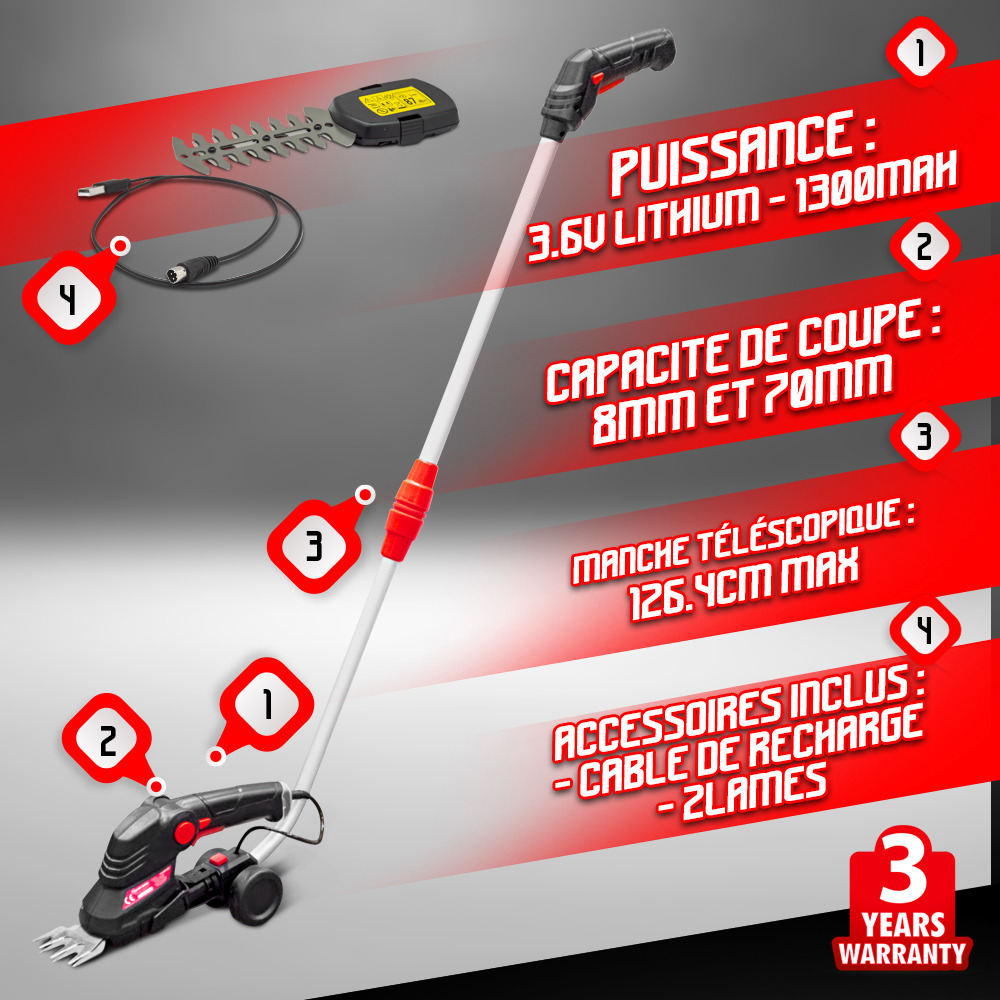 Cisaille - taille haies 3.6v lithium + manche - batterie et chargeur fournis - e