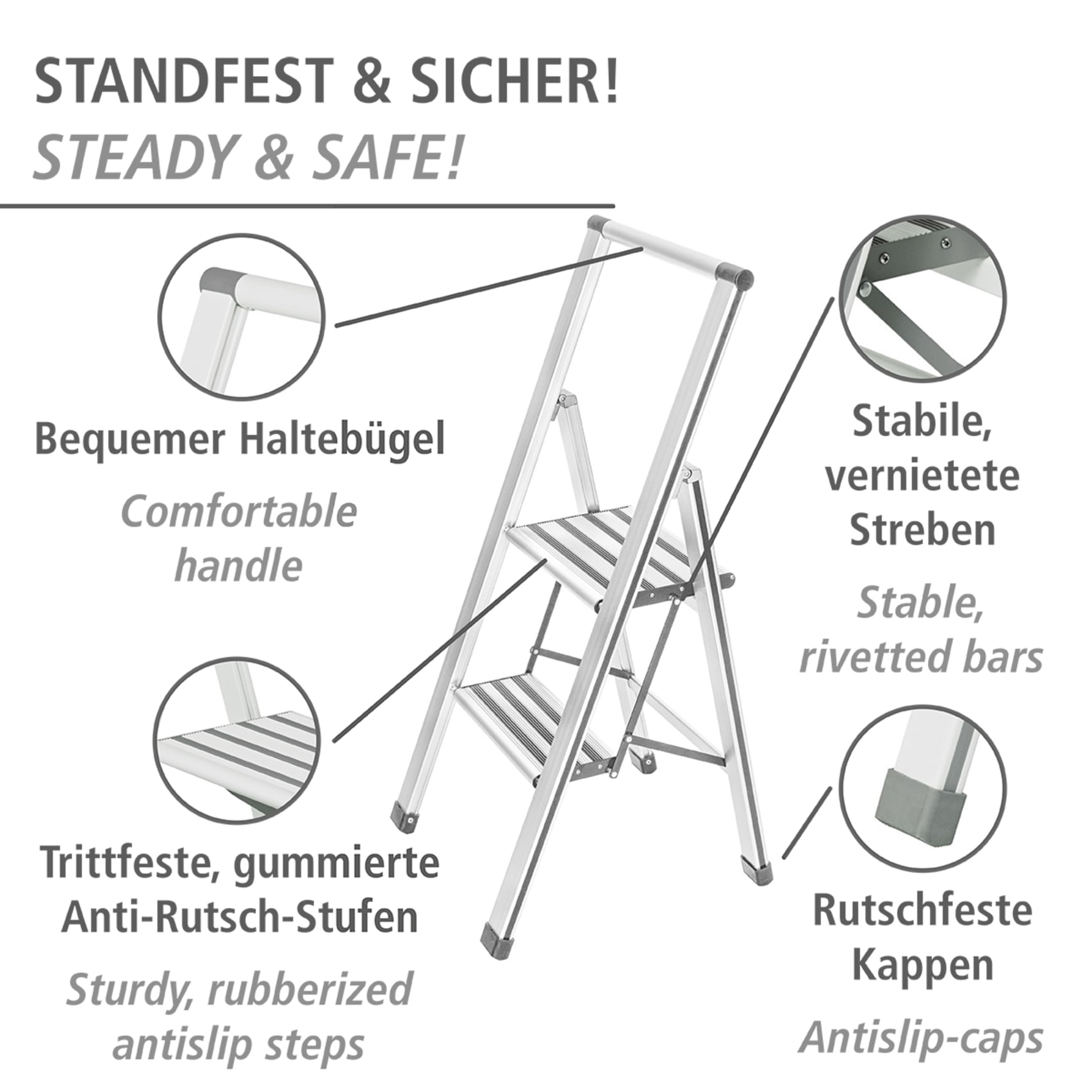 WENKO Trittleiter »Modell Alu-Design« Klapptritt Leiter, rutschsichere XXL-Stufen, klappbar, bis 150 kg