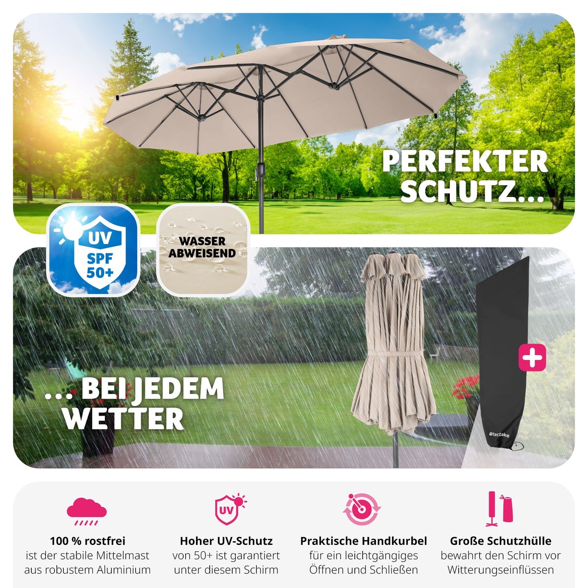 tectake Silia parasol 460 x 270 cm UV-bescherming 50+, inclusief windbescherming en beschermhoes