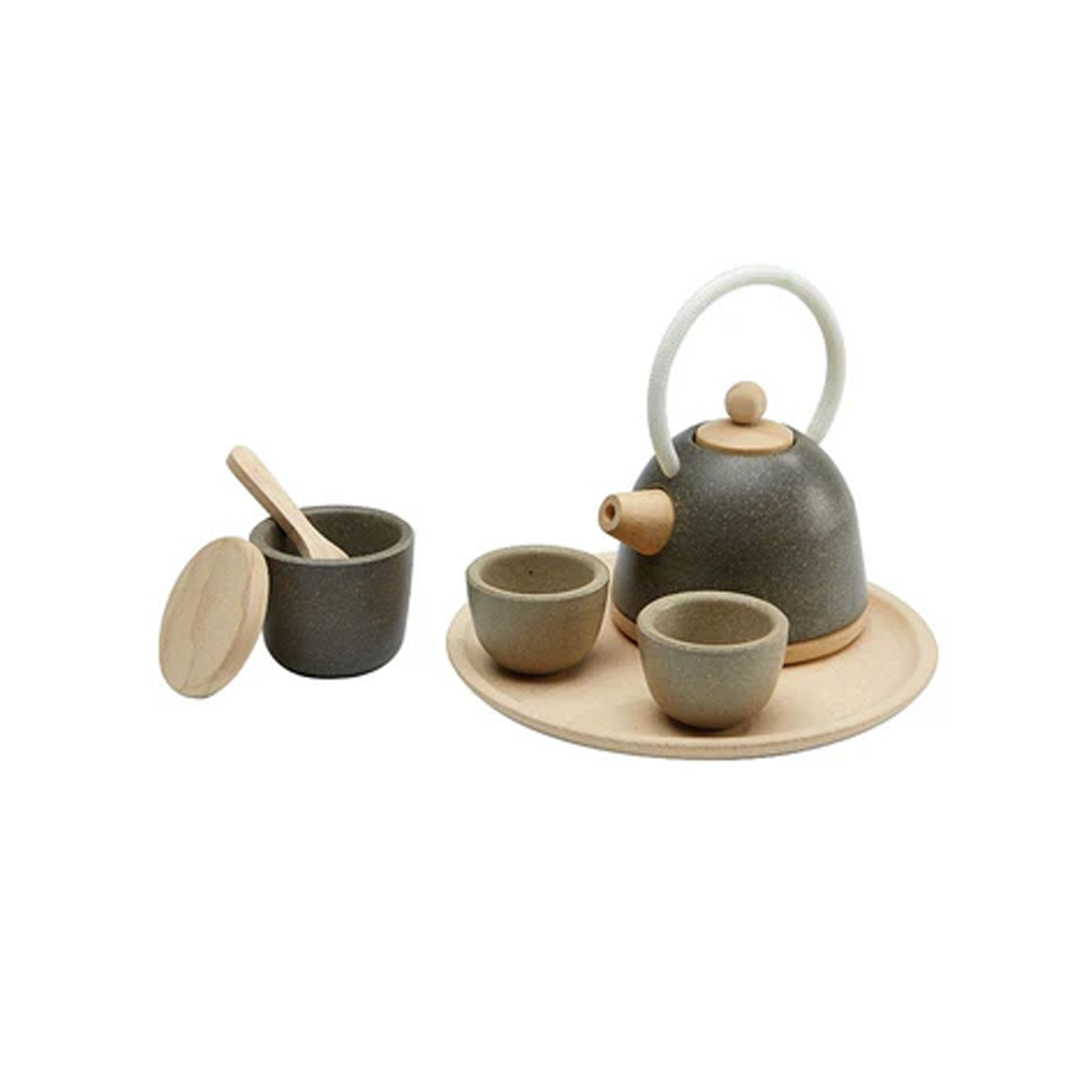 (6-tlg. Set) Classic Holz Teeservice Kinder Spielzeug Küchen Zubehör Tea Time Spielset inkl. Teekanne / Tassen (3617) - Grün / Beige