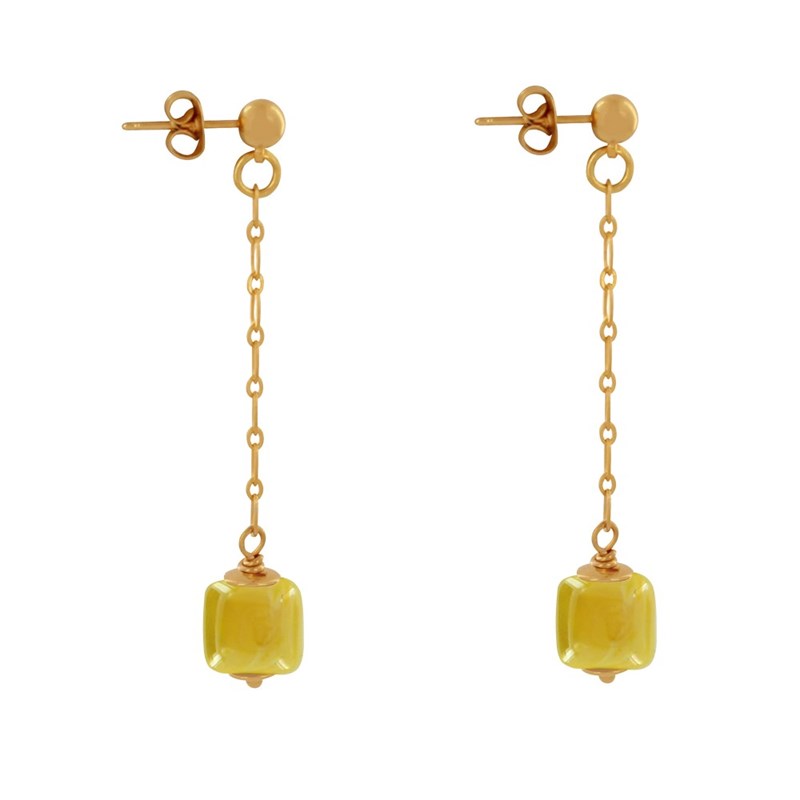 Boucles d'Oreilles Chainette Laiton Doré et Cube en Céramique